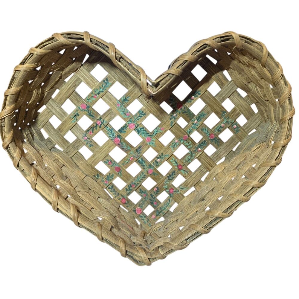 Handmade Vintage Heart Basket with Hand painted Florals Country Farmhouse